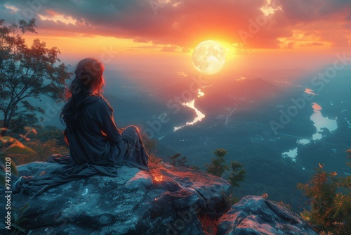 Woman Sitting on Mountain Top, Watching Sunset