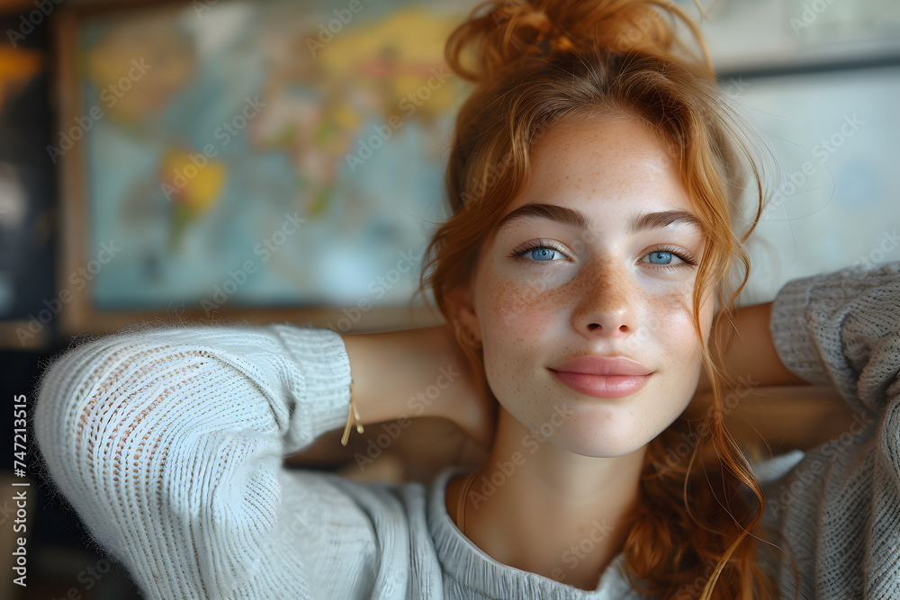 A young girl against the backdrop of a world map dreams of traveling. A young girl against the backdrop of a world map dreams of traveling.
