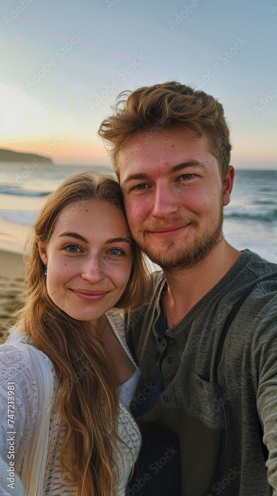 Man and woman couple taking vertical selfie on a beach