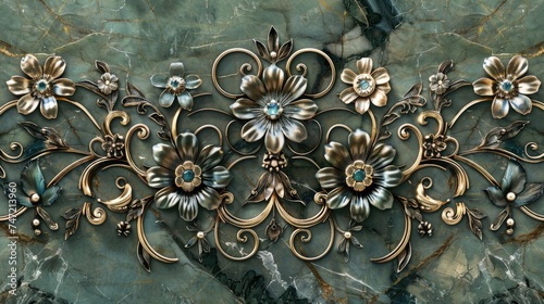 Golden Floral Inlay on Marble with Sapphire Gemstones