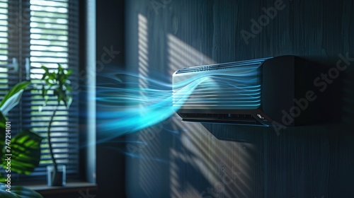 Modern Air Conditioning Unit Emitting Cool Air Indoors photo