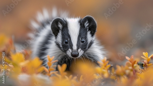 wildlife photography, authentic photo of a skunk in natural habitat, taken with telephoto lenses, for relaxing animal wallpaper and more