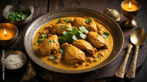 A beautifully presented Chicken Korma dish is captured from above, its golden hues and artfully arranged garnishes highlighting the intricate blend of spices and flavors that define this traditional I