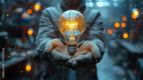 Businessman holding creative light bulb with growth graph and aerospace icons. Leveraging aerospace innovation technology to pioneer new solutions and advancements that elevate successful