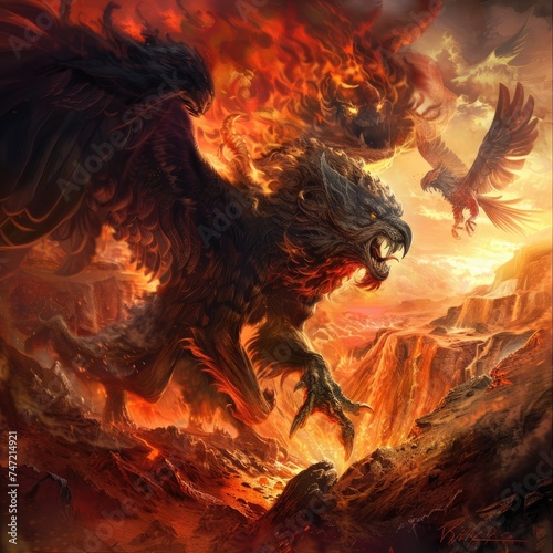 Fierce chimera prowling mythical landscapes, phoenix rising in the background, epic scene