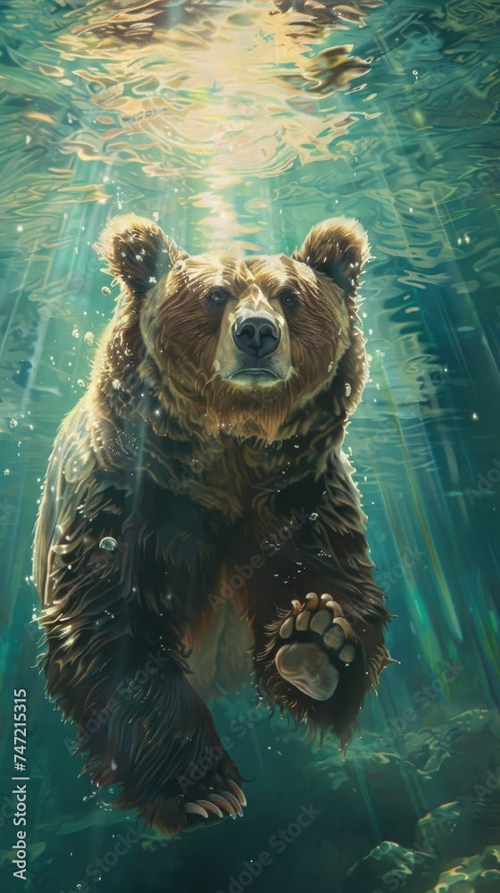 A grizzly bear floating gently underwater, sun rays filtering through, tranquil and majestic