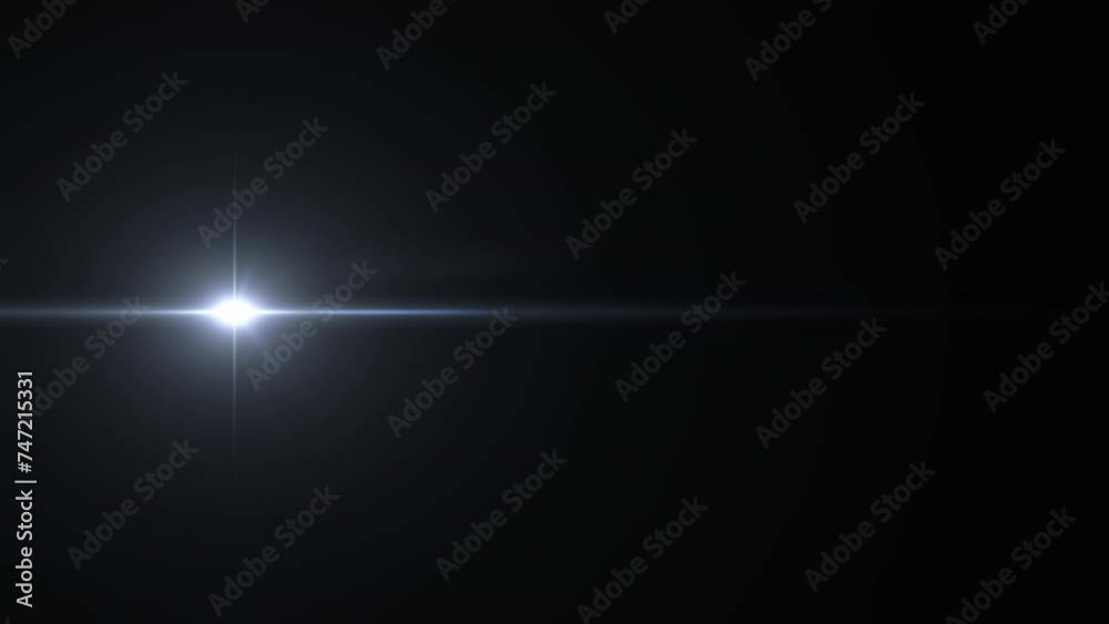 Abstract flickering white star optical lens flares moving from left to right side animation on black background. 4K seamless dynamic kinetic bright star illustration flash light rays effect