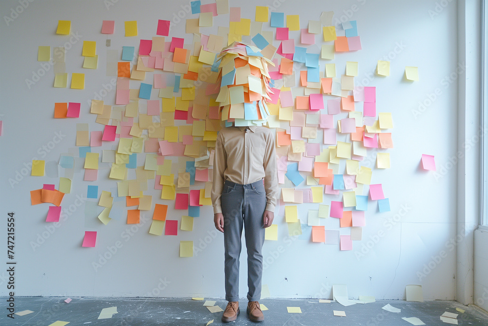 Generative AI image of person covered with sticky notes Generative AI image of person covered with sticky notes