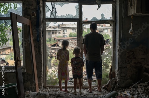 Family surveys post-conflict destruction