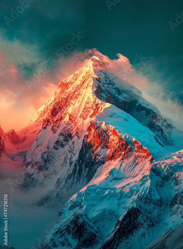 Majestic sunrise over snow-capped mountain peak. Generative AI image photo
