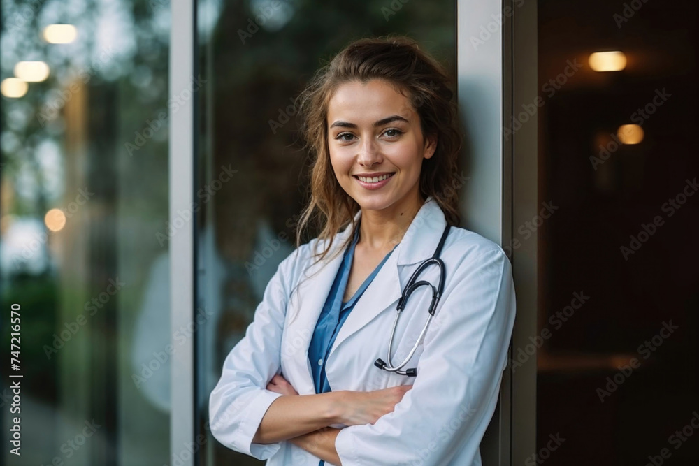 Confident female doctor smiling in a hospital setting. Generative AI image Confident female doctor smiling in a hospital setting. Generative AI image