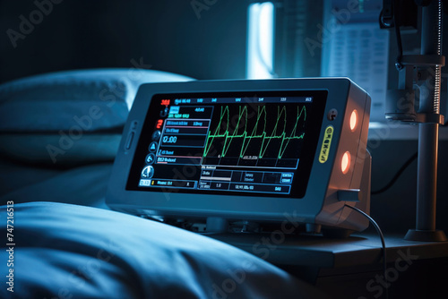 Vital signs monitor displaying heartbeat in hospital room. Generative AI image photo