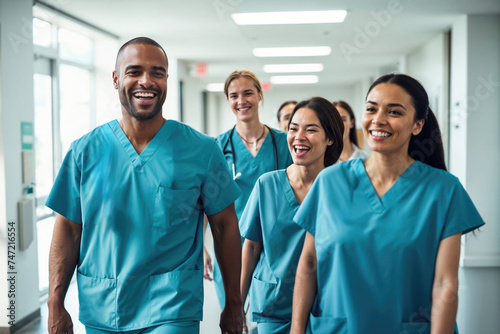 Medical team walking in hospital corridor with smiles. Generative AI image photo