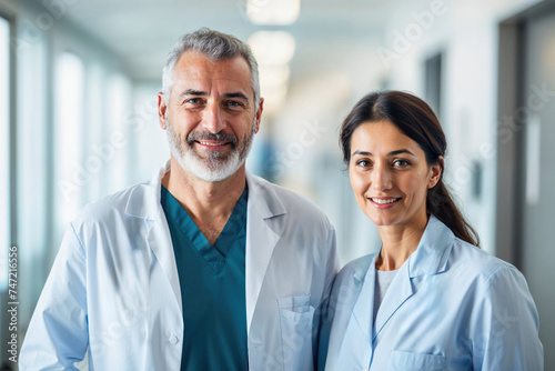 Confident medical team standing in hospital corridor. Generative AI image photo