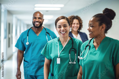 Smiling medical staff walking in hospital corridor. Generative AI image photo