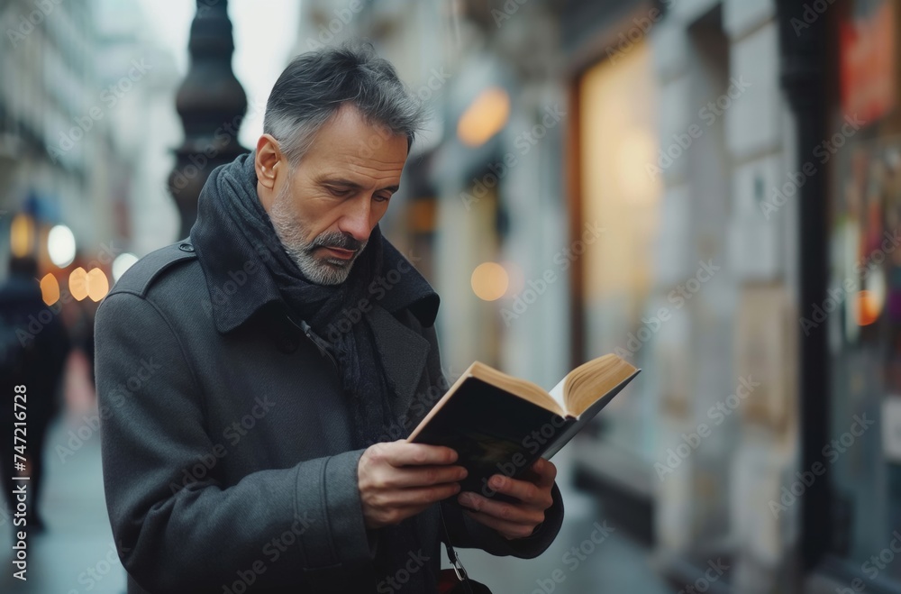 Man engrossed in book outdoors