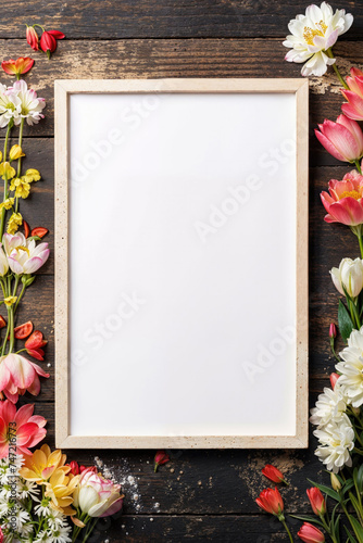 Blank picture frame surrounded by colorful flowers on wood. Generative AI image photo