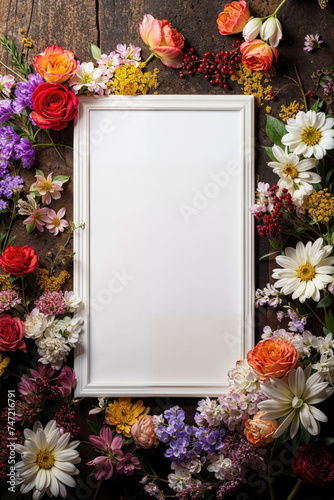 Elegant floral arrangement surrounding blank frame. Generative AI image photo
