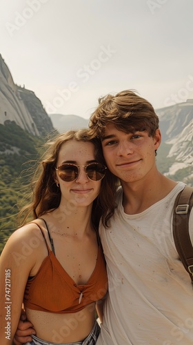 Vertical portrait of young happy man and woman on a mountain taking selfie © Barosanu