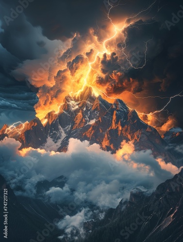 Mountain Enveloped in Clouds and Lightning