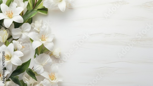 White background with white flowers and leaves