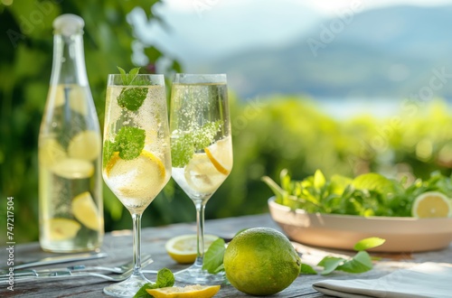 Outdoor champagne and citrus setup