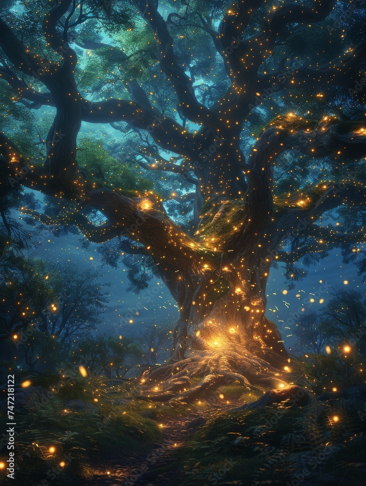 Obraz premium Tree With Fireflies Flying Around It