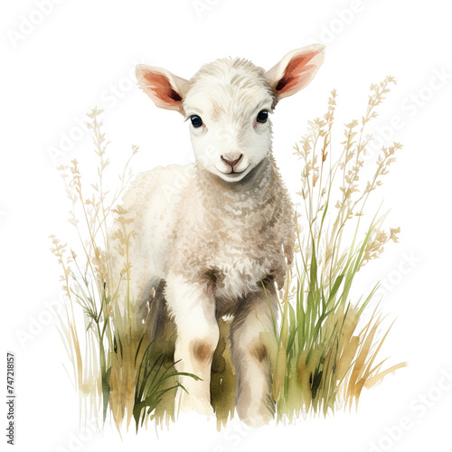 A lamb standing in a meadow watercolor clipart illustration on transparent background