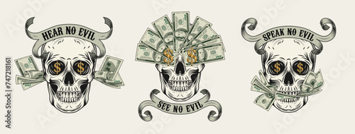 Labels with skull, cash money, 100 dollar bills, dollar sign, vintage ribbon. Creative interpretation of Three wise monkeys. Text See, hear, speak no evil. Corruption concept. White background.