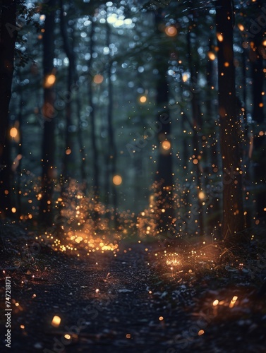 Vibrant Fireflies Illuminate Forest Path