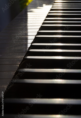 Classic grand piano keyboard background. Piano keys side view with shallow depth of field  Copy space  Selective focus.