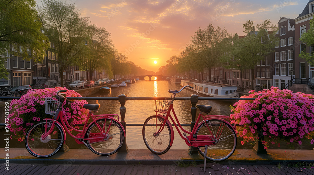 Beautiful sunrise over Amsterdam, flowers and bicycles on the bridge in spring. generative ai