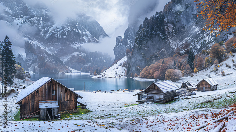 Indigenous alpine huts and wooden cattle stables