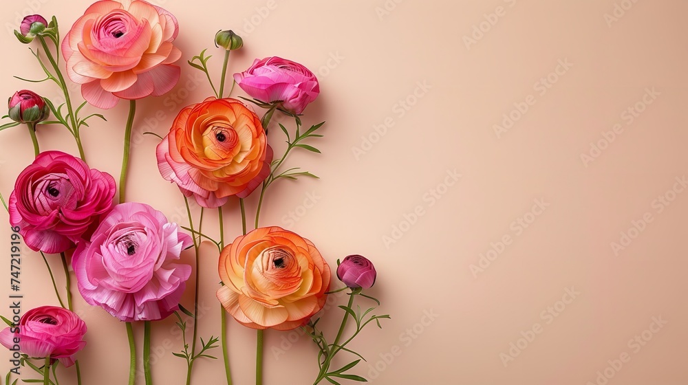 Pink Orange Ranunculus Vivid orange and pink ranunculus over an earthy beige backdrop and ...