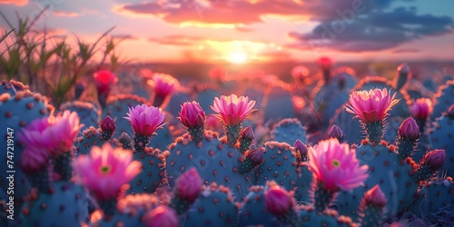 Colorful cactus flowers at sunset in rural Texas landscape. Concept Nature Photography  Texas Landscapes  Sunset Scenes  Cactus Blooms  Colorful Flowers