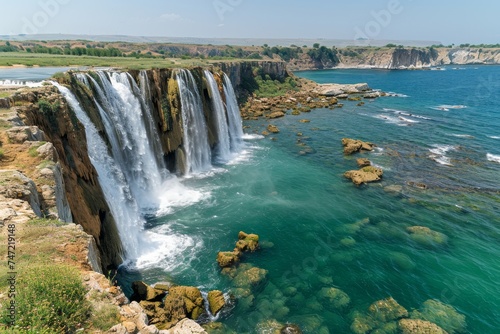 Aerial View of Waterfall in Middle of Body of Water