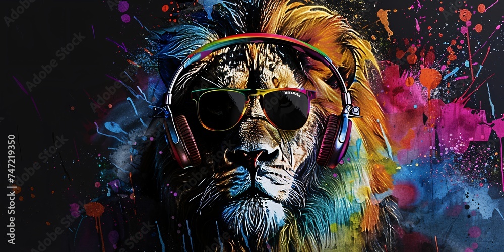Lion in Sunglasses and Headphones A Colorful and Trendy Portrait Generative AI
