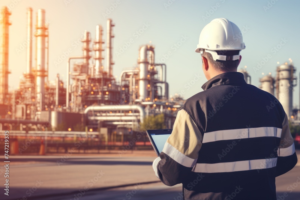 Engineers working and checking in front of oil refinery field. Engineers working and checking in front of oil refinery field.