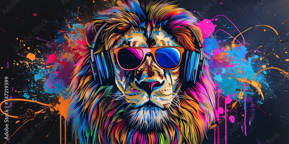 Lion in Sunglasses and Headphones A Pop Art Blend of Music and Animal Kingdom Generative AI