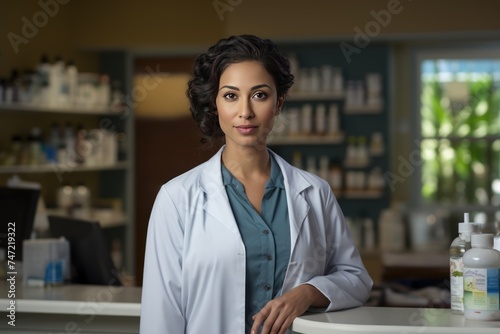 East Indian Woman Pharmacist working looking at camera