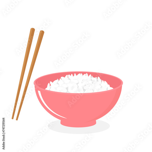 Pink rice bowl with wooden chopsticks on white background vector.