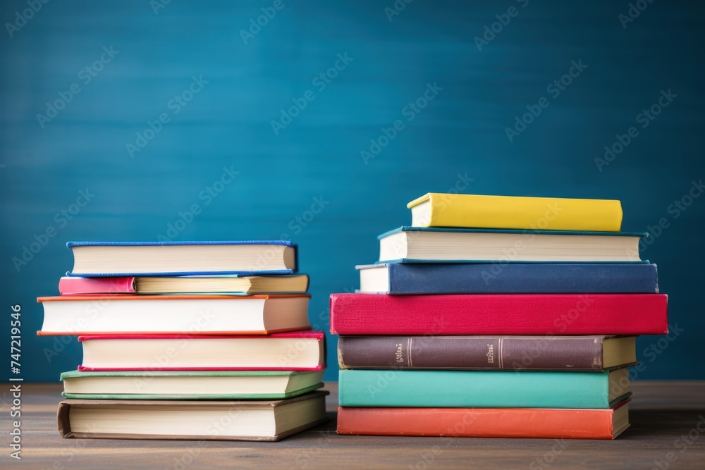 group of colorful books on the wooden table group of colorful books on the wooden table