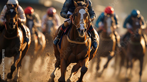 Horse racing at high speed on a sunny day. Generative AI. © perpis