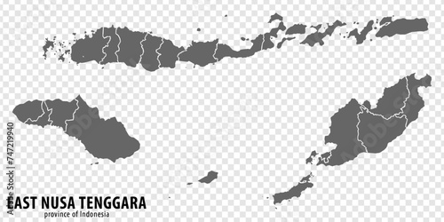 Blank map East Nusa Tenggara province of Indonesia. High quality map East Nusa Tenggara with municipalities on transparent background for your web site design, logo, app, UI. Republic of Indonesia. 