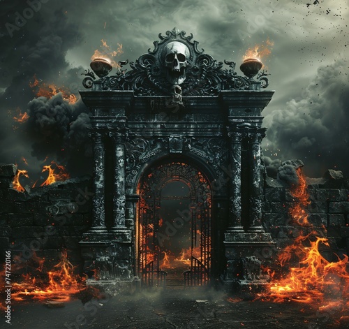 Halloween Nightmare A Fire-Filled Skull Gate Generative AI photo