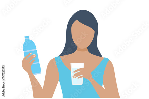 Healthy woman drinking water from plastic bottle vector illustration. Healthy lifestyle concept