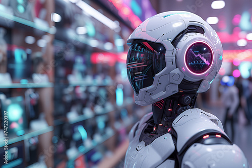 A robot is positioned in front of a transparent glass wall in a futuristic retail environment