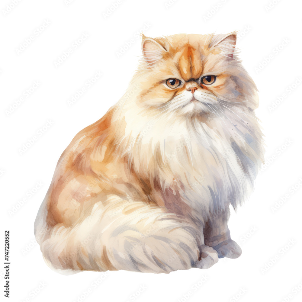 Persian cat  isolated transparent background, Watercolor painting of Cute animal, PNG image file format