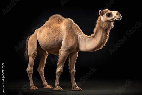 a camel standing in front of a black background