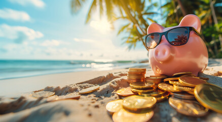 Pink piggy bank with sunglasses relaxing on a beach in summer next to gold coins, vacation budget, holiday savings, investment success, banking wealth, income and profit in finance